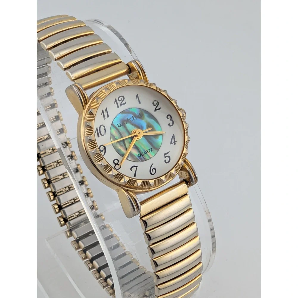 Vintage Watch-It Women's Abalone Dial Gold Stretch Band Watch- New Battery